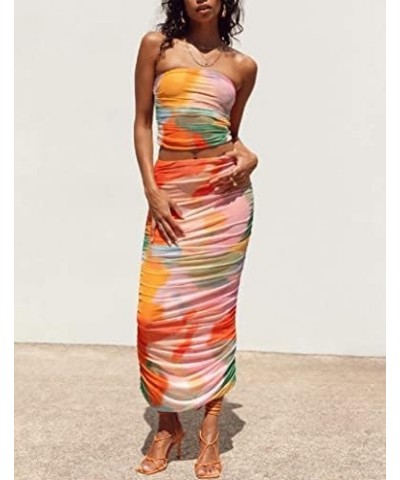 Y2K 2 Piece Maxi Skirt Set for Women Floral Strapless Tube Crop Top Bodycon Long Skirt Outfits Summer Matching set $11.19 Suits