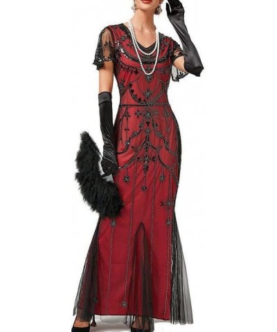 Flapper Dresses for Women 1920s Gatsby V Neck Elegant Long Fringe Dress Sleeveless Sequin Beaded Dress for Prom Party E-red $...