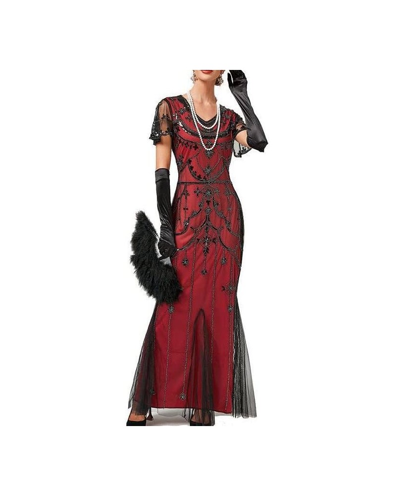 Flapper Dresses for Women 1920s Gatsby V Neck Elegant Long Fringe Dress Sleeveless Sequin Beaded Dress for Prom Party E-red $...