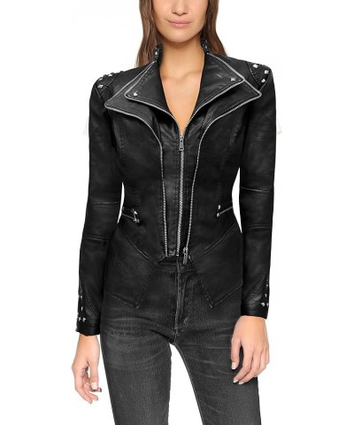 Women's Classic Faux Leather Jacket Rivet Lapel Swallow Tail Biker Jacket Jk44169-black $21.61 Coats