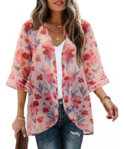 Women's Sheer & Lightweight Chiffon Kimono Cardigans with Bell Sleeves, Floral Cover-ups for Beach & Daily Wear (S-XXL) Pink ...