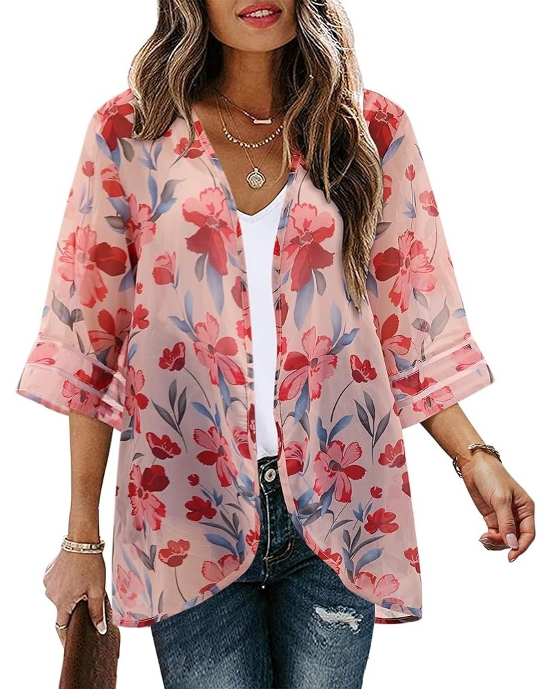 Women's Sheer & Lightweight Chiffon Kimono Cardigans with Bell Sleeves, Floral Cover-ups for Beach & Daily Wear (S-XXL) Pink ...