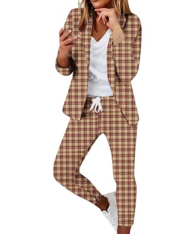 Women's Fall Suit Sets Dressy Casual Outfits Business Work Outfit Two Piece Solid/Plaid Blazer Jacket and Pants Set 07-brown ...