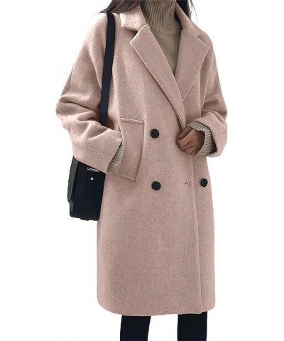 Women's Casual Warm Notch Lapel Double Breasted Long Pea Coat Solid Overcoat with Pockets Pink $23.95 Jackets