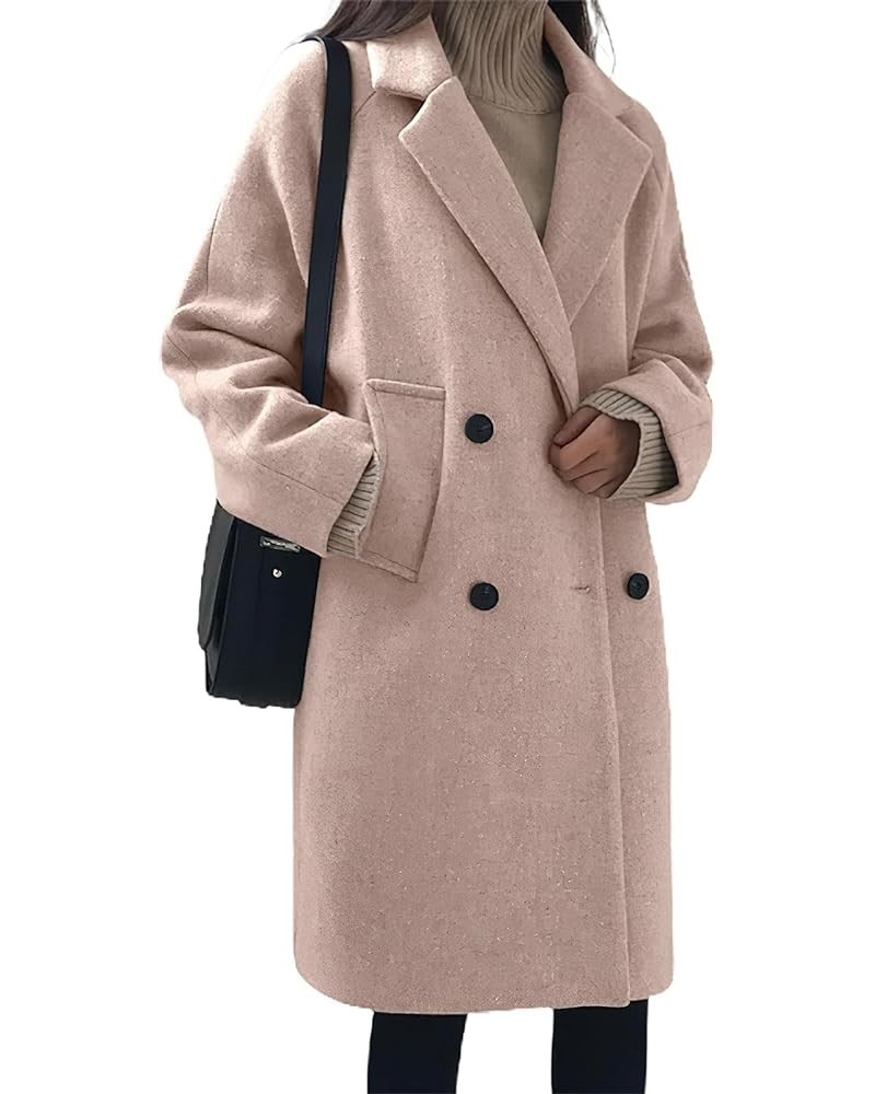 Women's Casual Warm Notch Lapel Double Breasted Long Pea Coat Solid Overcoat with Pockets Pink $23.95 Jackets