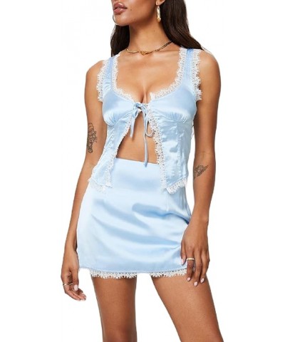 Lace Trim Two Piece Outfit for Women Sleeveless Crop Cami Top Short Mini Skirt Y2k 2 Piece Skirt Sets Beach Wear Z2-blue Twen...