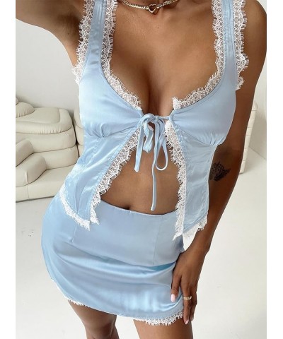 Lace Trim Two Piece Outfit for Women Sleeveless Crop Cami Top Short Mini Skirt Y2k 2 Piece Skirt Sets Beach Wear Z2-blue Twen...