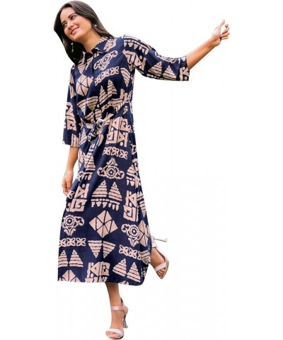 Womens Casual Rayon Printed Midi Dress Button Down Collar Neck Long Kurta Flair Royal Blue (Wa) $25.46 Dresses