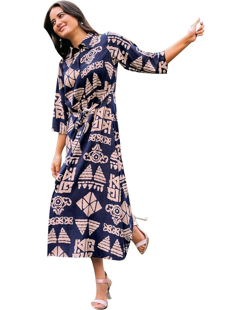 Womens Casual Rayon Printed Midi Dress Button Down Collar Neck Long Kurta Flair Royal Blue (Wa) $25.46 Dresses