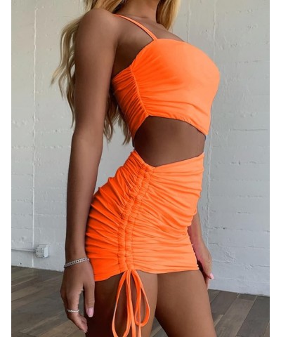 Women's Sexy Spaghetti Strap Cutout Ruched Drawstring Club Bodycon Mini Dresses Neon Orange $8.24 Dresses