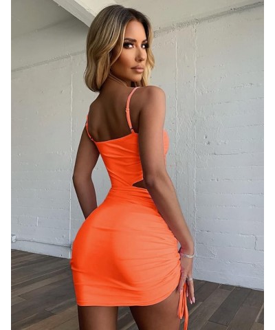 Women's Sexy Spaghetti Strap Cutout Ruched Drawstring Club Bodycon Mini Dresses Neon Orange $8.24 Dresses