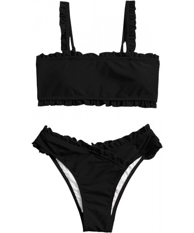 Women's Bathing Suits Spaghetti Strap Ruffle Wrap Bikini Set Two Piece Swimsuits Solid Black $23.36 Swimsuits