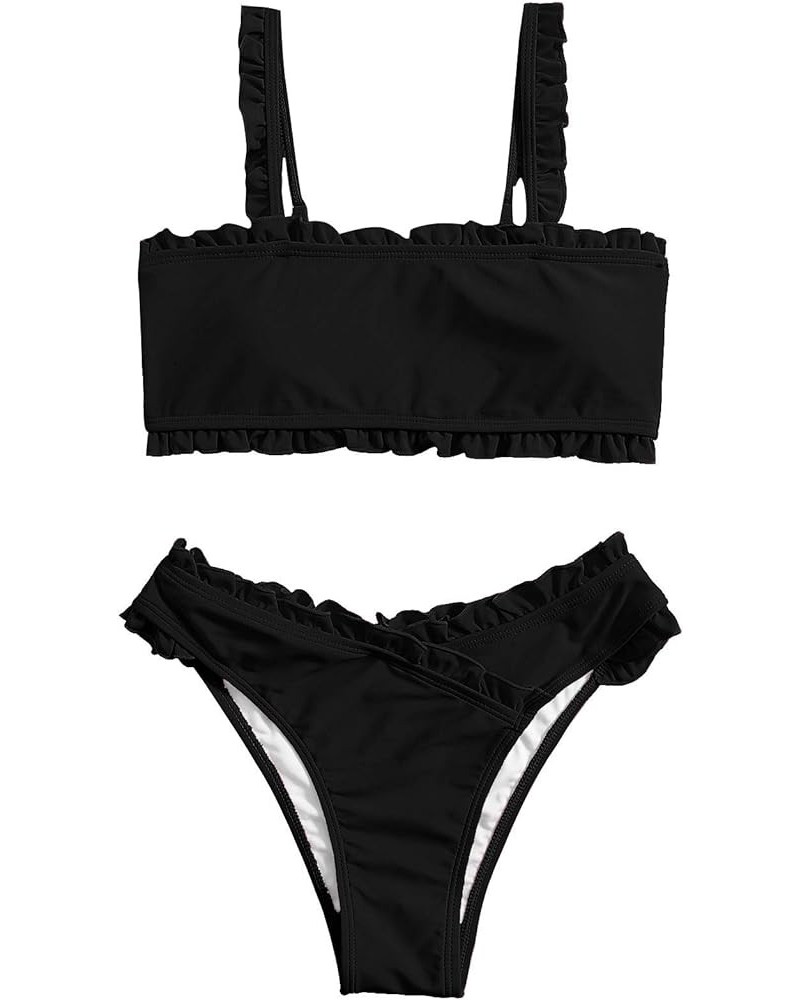 Women's Bathing Suits Spaghetti Strap Ruffle Wrap Bikini Set Two Piece Swimsuits Solid Black $23.36 Swimsuits