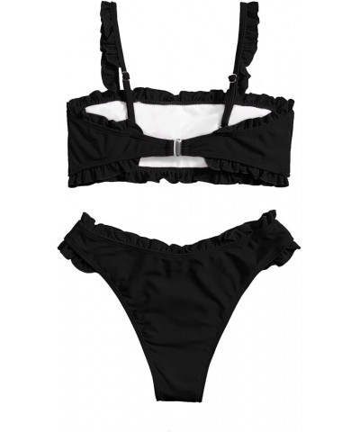 Women's Bathing Suits Spaghetti Strap Ruffle Wrap Bikini Set Two Piece Swimsuits Solid Black $23.36 Swimsuits