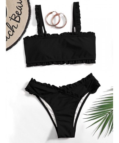 Women's Bathing Suits Spaghetti Strap Ruffle Wrap Bikini Set Two Piece Swimsuits Solid Black $23.36 Swimsuits