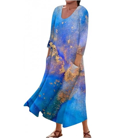 Maxi Dress for Women Long Sleeve Printing Cute Flowy Oversize Summer Beach Linen Dresses with Pocket 19-blue $17.10 Dresses