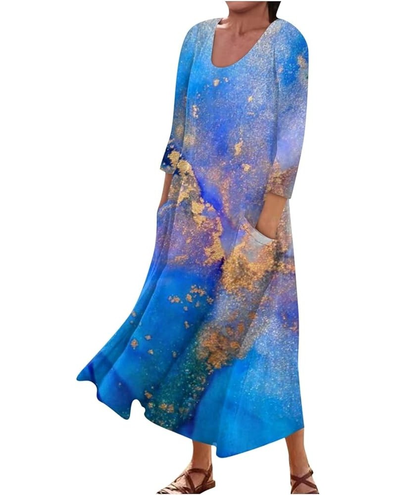 Maxi Dress for Women Long Sleeve Printing Cute Flowy Oversize Summer Beach Linen Dresses with Pocket 19-blue $17.10 Dresses