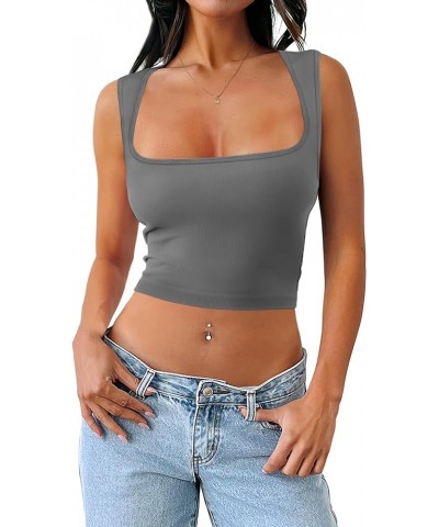 Womens Square Neck Crop Tops Sleeveless Seamless Going Out Tank Tops Trendy C-grey $8.69 Tanks