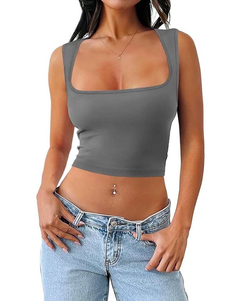 Womens Square Neck Crop Tops Sleeveless Seamless Going Out Tank Tops Trendy C-grey $8.69 Tanks