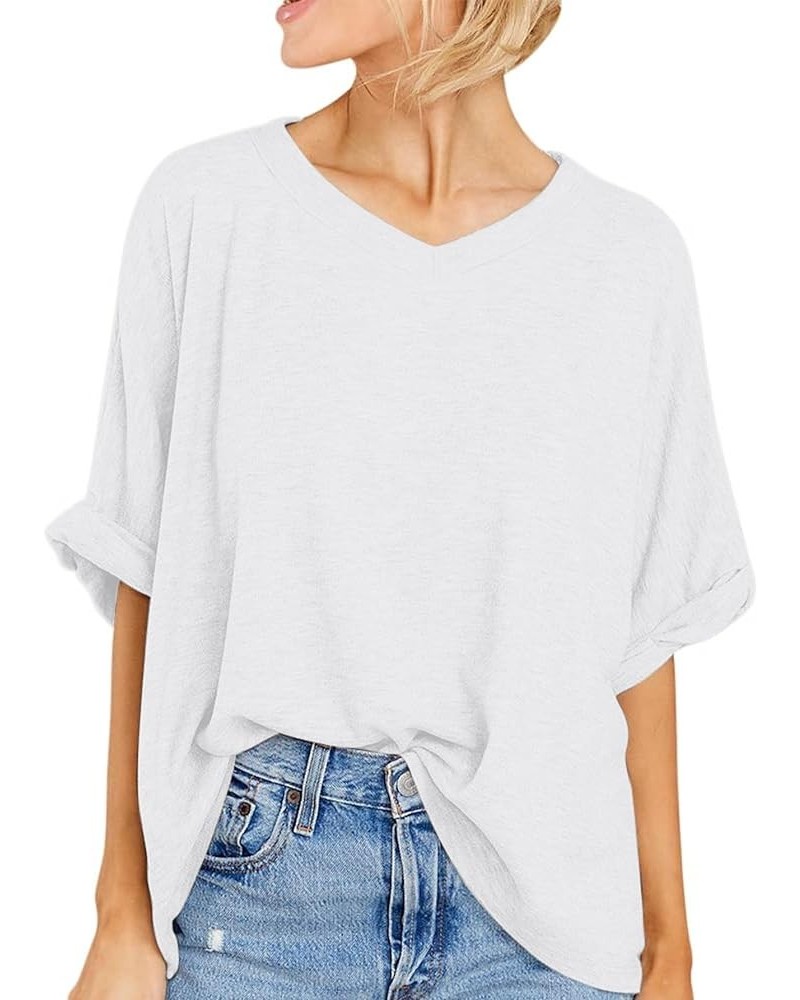 Womens Oversized T Shirts Loose Fit V Neck Short Sleeve Summer Casual Blouse 2024 Y2K Tee Tops White $7.94 Tops