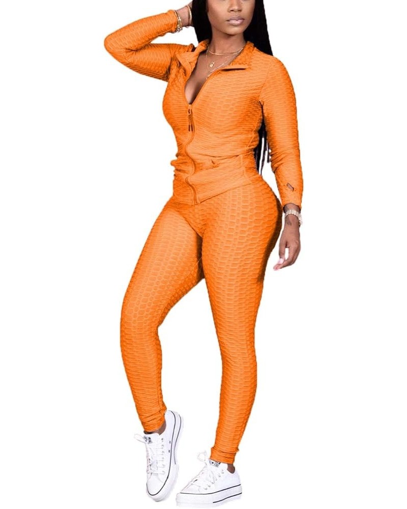 Jogging Suits for Women, Textured 2 Piece Outfit Long Sleeve Full Zip Jacket Skinny Pants Tracksuit Set Orange $17.94 Activewear