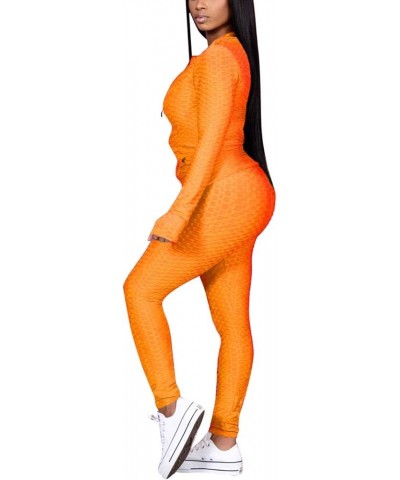 Jogging Suits for Women, Textured 2 Piece Outfit Long Sleeve Full Zip Jacket Skinny Pants Tracksuit Set Orange $17.94 Activewear