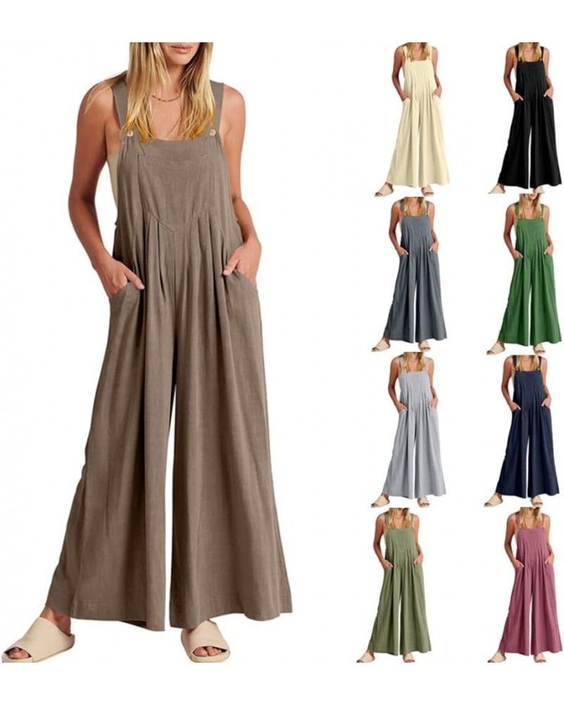 Casual Jumpsuits for Women Loose Sleeveless Baggy Overalls Wide Leg Bib Pants Adjustable Straps Romper with Pockets Brown $8....