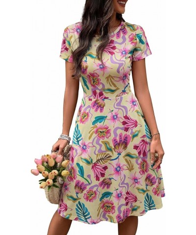 Sundresses for Women Casual Summer Short Sleeve Round Neck Floral Skater Dress with Pockets Burgundy Floral-143 $10.66 Dresses