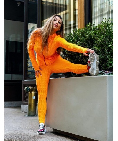 Jogging Suits for Women, Textured 2 Piece Outfit Long Sleeve Full Zip Jacket Skinny Pants Tracksuit Set Orange $17.94 Activewear