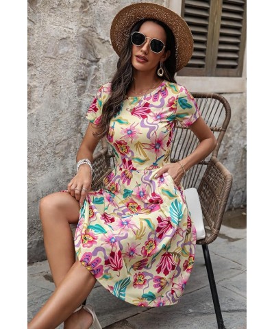 Sundresses for Women Casual Summer Short Sleeve Round Neck Floral Skater Dress with Pockets Burgundy Floral-143 $10.66 Dresses