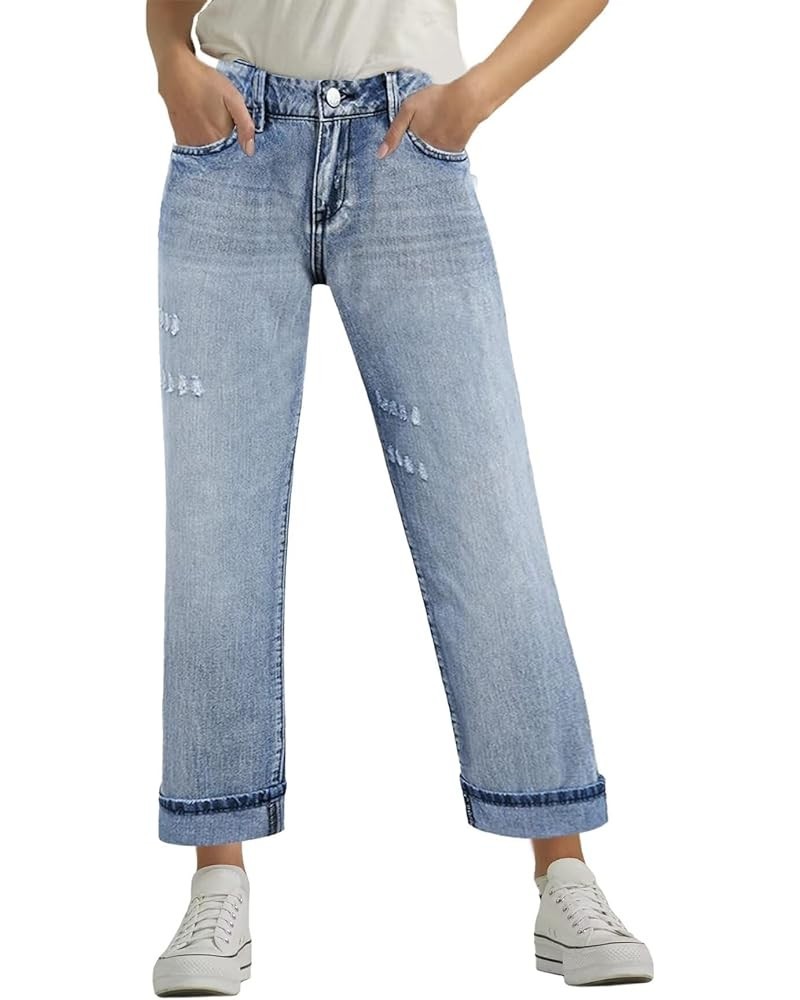 Boyfriend Jeans for Women Stretch Straight Leg Jeans Low Waist Button Fly Jeans Wash Light Blue $19.78 Jeans