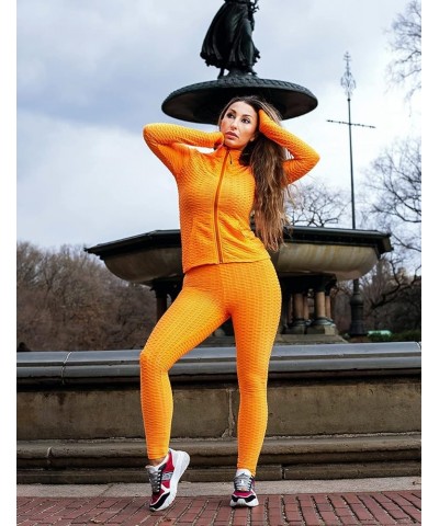 Jogging Suits for Women, Textured 2 Piece Outfit Long Sleeve Full Zip Jacket Skinny Pants Tracksuit Set Orange $17.94 Activewear