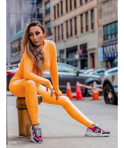 Jogging Suits for Women, Textured 2 Piece Outfit Long Sleeve Full Zip Jacket Skinny Pants Tracksuit Set Orange $17.94 Activewear