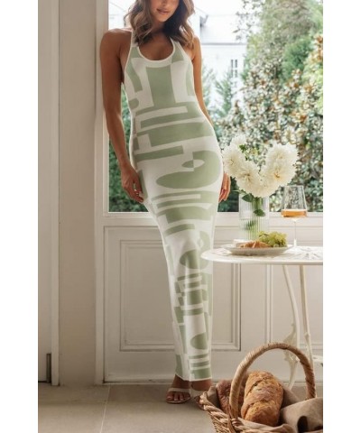 Women Knitted Long Tube Dress Patchwork Striped Print Midi Dress Sleeveless Knit Slit Backless Maxi Dresses Halter Green $17....