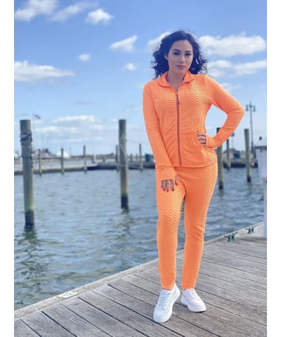 Jogging Suits for Women, Textured 2 Piece Outfit Long Sleeve Full Zip Jacket Skinny Pants Tracksuit Set Orange $17.94 Activewear