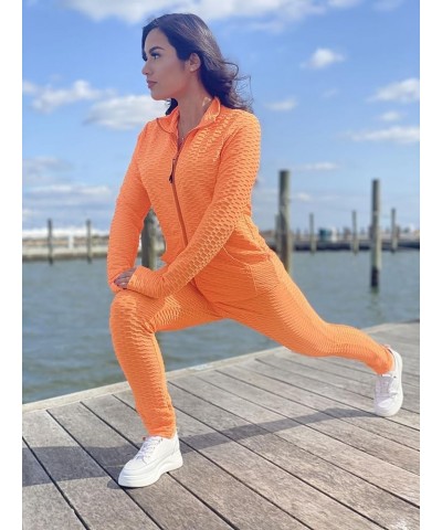 Jogging Suits for Women, Textured 2 Piece Outfit Long Sleeve Full Zip Jacket Skinny Pants Tracksuit Set Orange $17.94 Activewear