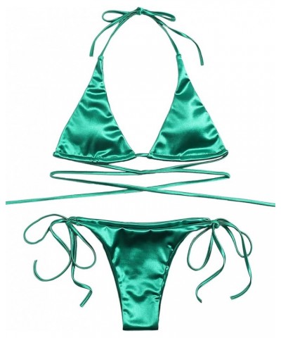 Women's Metallic Halter Top Two Piece Swimsuit Tie Side Triangle Bikini Green 1 $15.05 Swimsuits