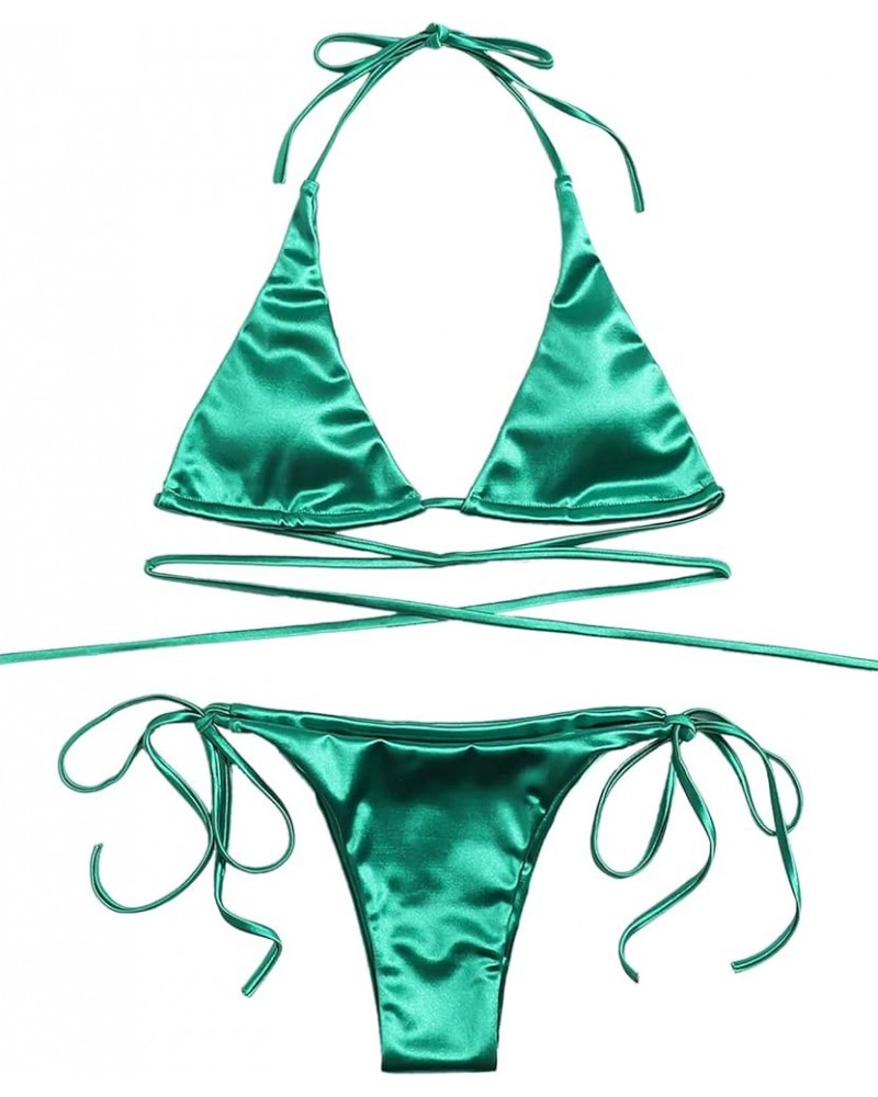 Women's Metallic Halter Top Two Piece Swimsuit Tie Side Triangle Bikini Green 1 $15.05 Swimsuits