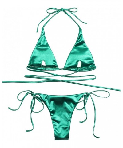 Women's Metallic Halter Top Two Piece Swimsuit Tie Side Triangle Bikini Green 1 $15.05 Swimsuits