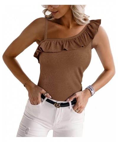 Womens Summer Bodycon Camisoles One Shoulder Strap Square Neck Blouse Rib Knitted Ruffle Tank Tops Y-khaki $12.53 Tanks