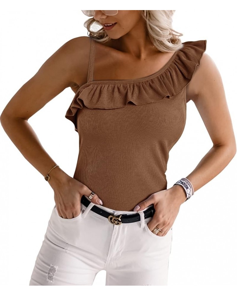 Womens Summer Bodycon Camisoles One Shoulder Strap Square Neck Blouse Rib Knitted Ruffle Tank Tops Y-khaki $12.53 Tanks