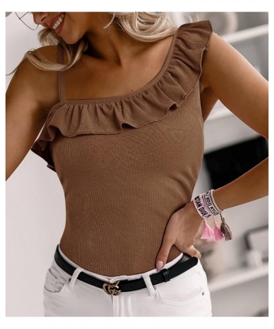 Womens Summer Bodycon Camisoles One Shoulder Strap Square Neck Blouse Rib Knitted Ruffle Tank Tops Y-khaki $12.53 Tanks