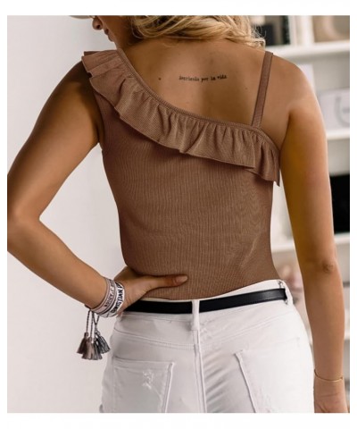 Womens Summer Bodycon Camisoles One Shoulder Strap Square Neck Blouse Rib Knitted Ruffle Tank Tops Y-khaki $12.53 Tanks