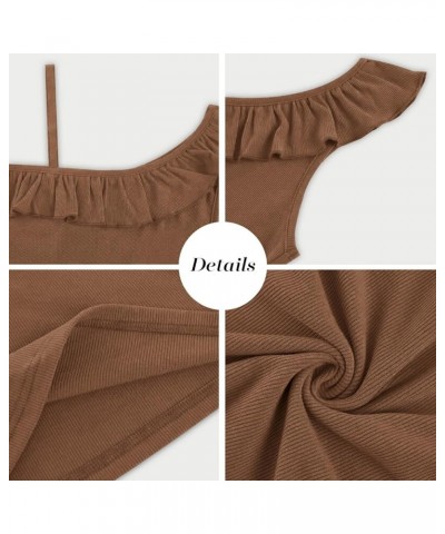 Womens Summer Bodycon Camisoles One Shoulder Strap Square Neck Blouse Rib Knitted Ruffle Tank Tops Y-khaki $12.53 Tanks