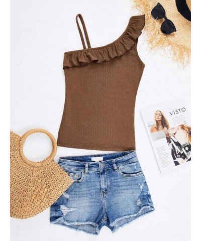 Womens Summer Bodycon Camisoles One Shoulder Strap Square Neck Blouse Rib Knitted Ruffle Tank Tops Y-khaki $12.53 Tanks