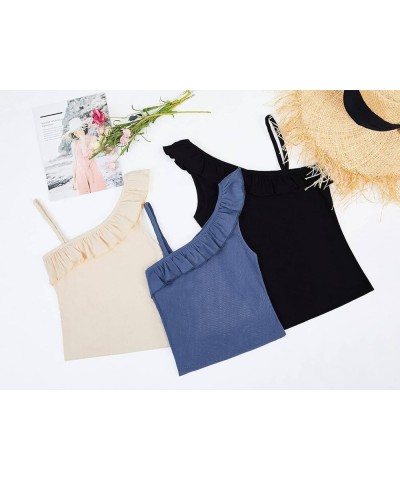 Womens Summer Bodycon Camisoles One Shoulder Strap Square Neck Blouse Rib Knitted Ruffle Tank Tops Y-khaki $12.53 Tanks