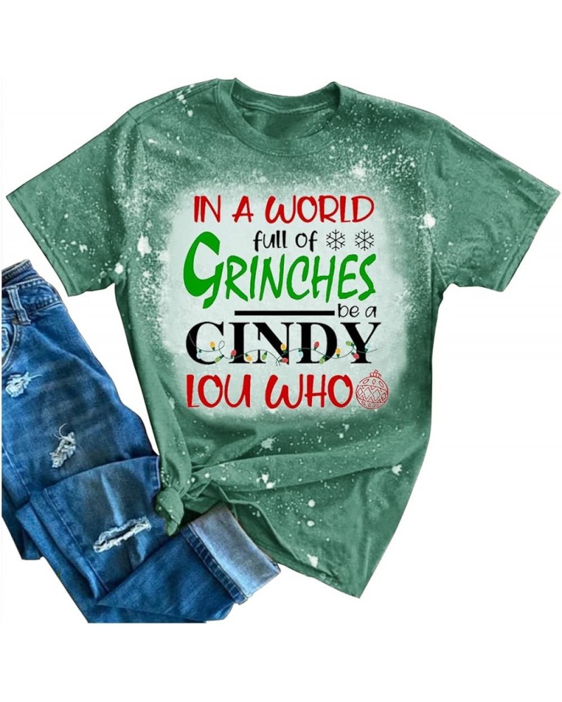 Winter V Neck Casual T Shirts for Women Christmas Funny Print Tee Tops Cindy Lou Who Tee Shirt Cute Blouse Tunic Green-bleach...