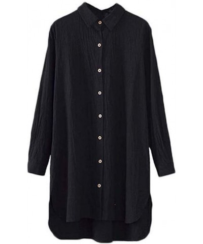 Women's Long Sleeve Shirts Button Down Blouse Cotton Tunic High Low Tops Black $17.48 Blouses