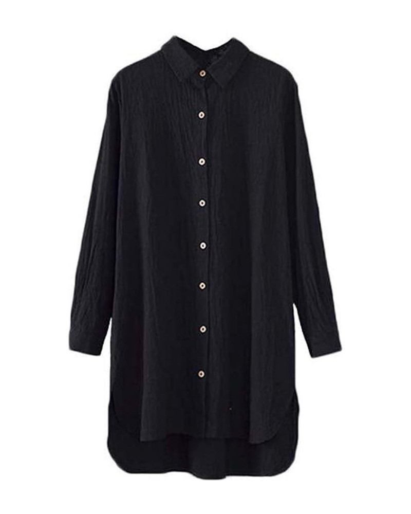 Women's Long Sleeve Shirts Button Down Blouse Cotton Tunic High Low Tops Black $17.48 Blouses