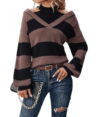 Women's Cable Knit Cold Shoulder High Neck Lantern Sleeve Sweater Pullover Jumper Top Brown Black $16.40 Sweaters